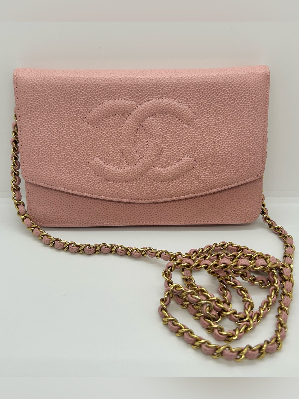 CHANEL Caviar Leather Pink 2003-2004 Crossbody Wallet On Chain Shoulder Bag